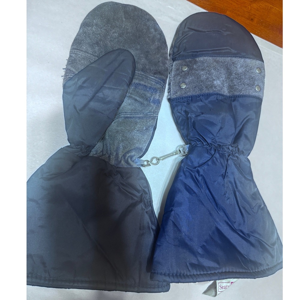 Vintage Sears Sports Center Mittens Navy Blue gloves Faux Shearling Lined Large